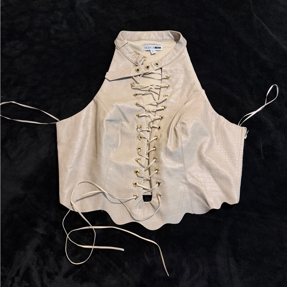 Fashion Nova Cream Lace-Up Halter Corset Top & Pants Set